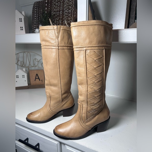 Fossil Shoes - Fossil Tan Leather Knee-High Boots Women’s US 7 Classic Riding Style Braided